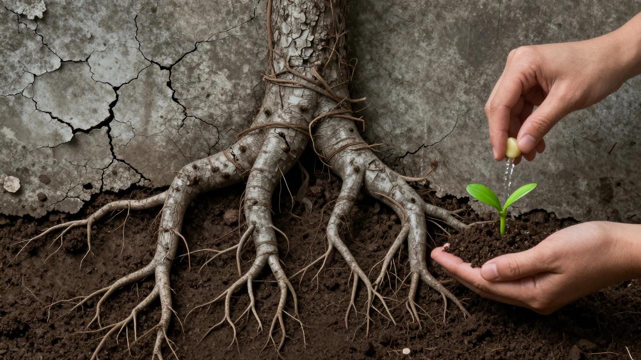 Symbolický obrázek kořenů zubů zakopaných v betonu, který je nahrazován zeleným výhonkem