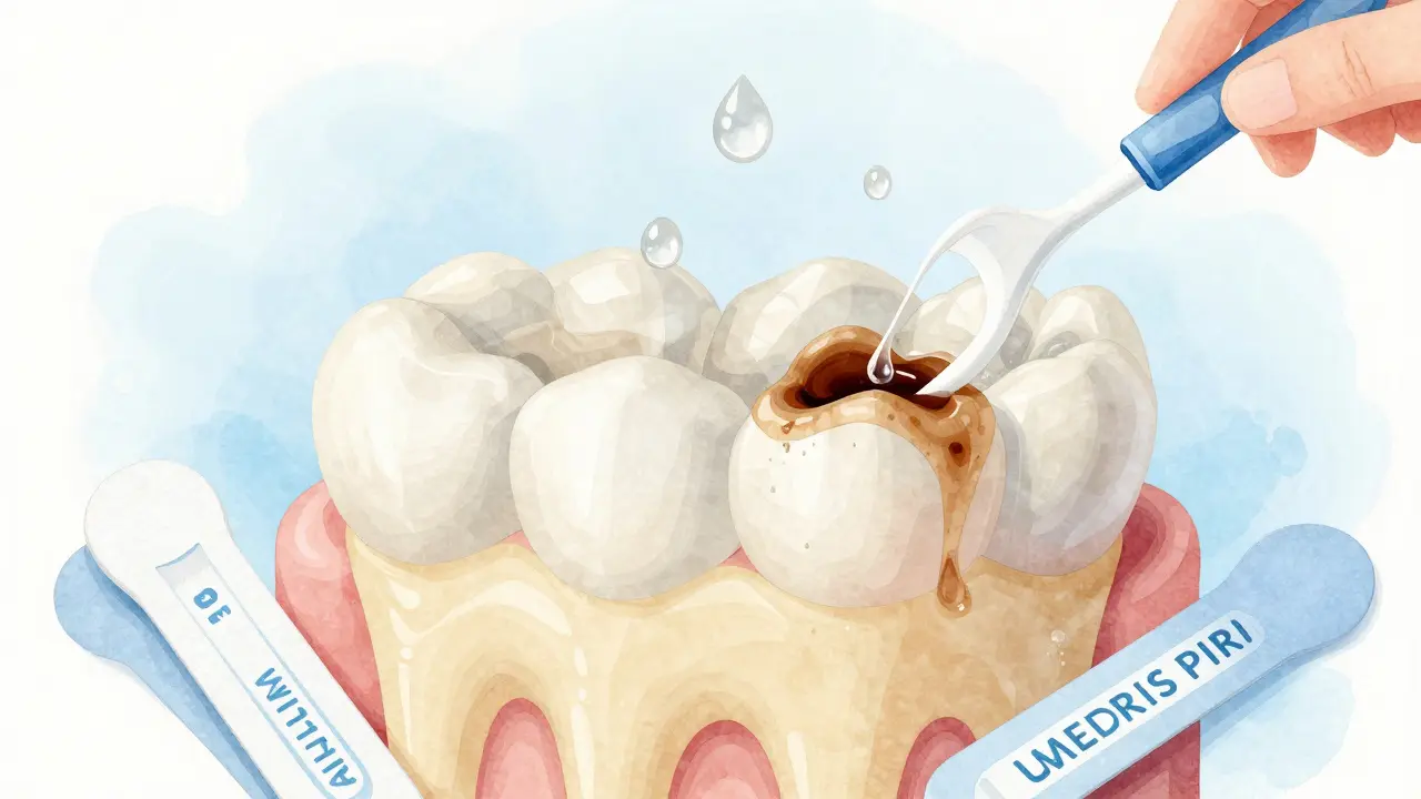 Voda vyplachující skvrny z povrchu zubů, s jemným žlutým dentinem pod emalí a bezpečnými bílícími nástroji.