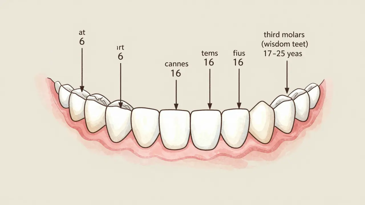Vývoj trvalých zubů od dětství po dospělost, znázorněný časovými šipkami a barvami.