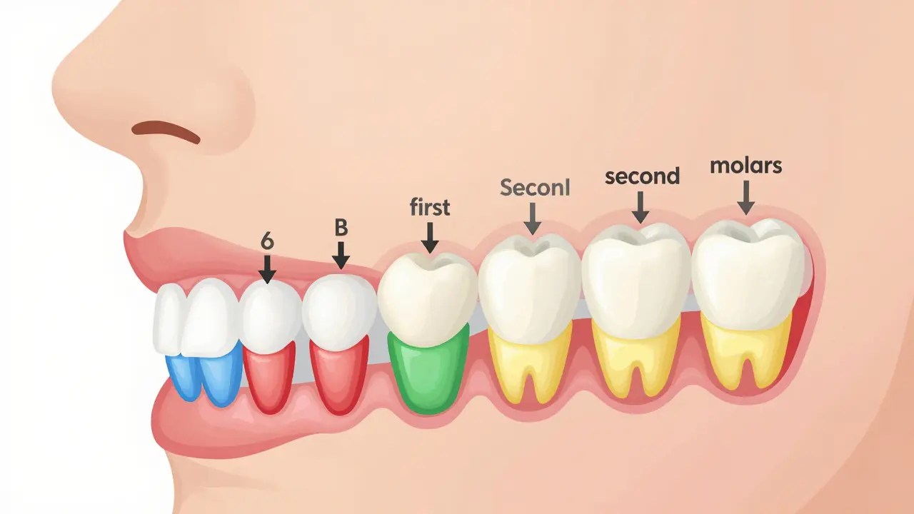 Vývoj zubů od dětských po trvalé, včetně zoubků moudrosti.
