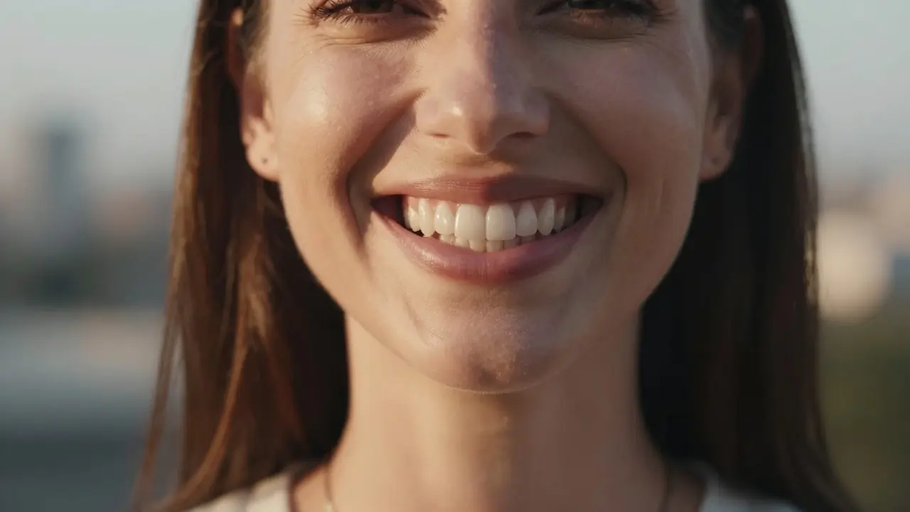 Woman smiling confidently with naturally beautiful teeth corrected by ceramic veneers.