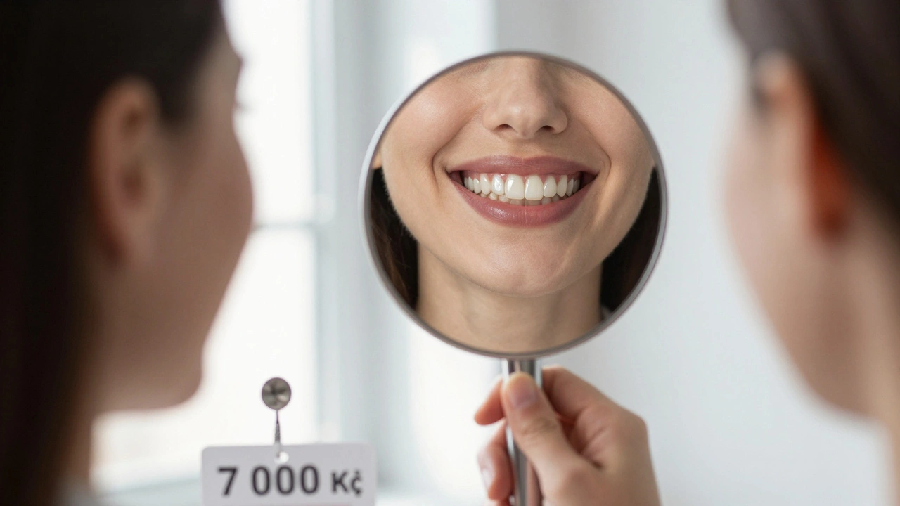 Woman smiling with visible ceramic onlays in her back teeth, natural light.