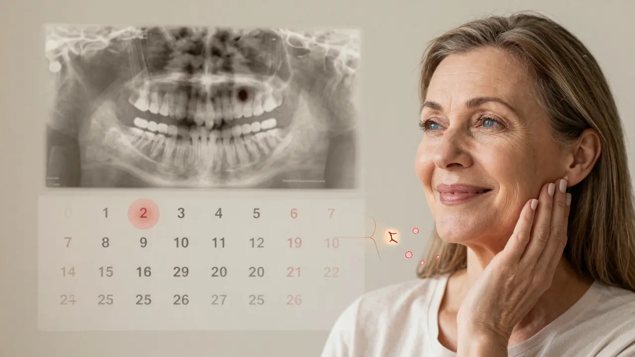 Žena v menopauze s přehledem hormonálních změn, za ní zdravé zuby na rentgenovém snímku.