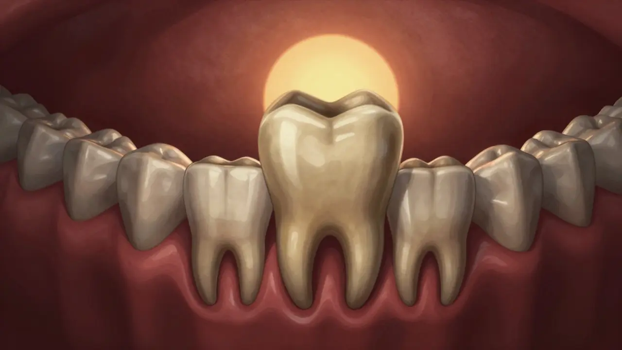 Zub moudrosti vyrůstající skrz dásen, symbolizující dospělost a překážky v růstu.