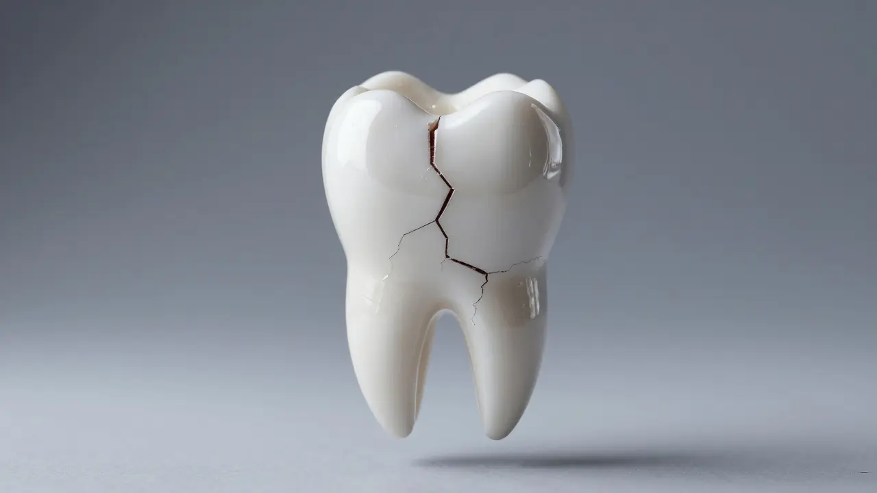 Zubní fazety nad poškozeným zubem, kde podkladová struktura praská a zaniká.