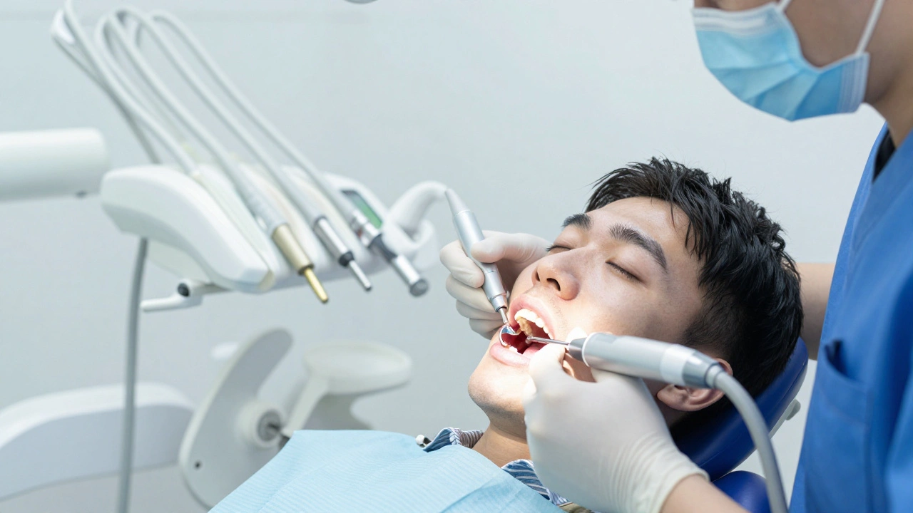 Zubní hygienička odstraňuje zubní kámen ultrazvukovým přístrojem.