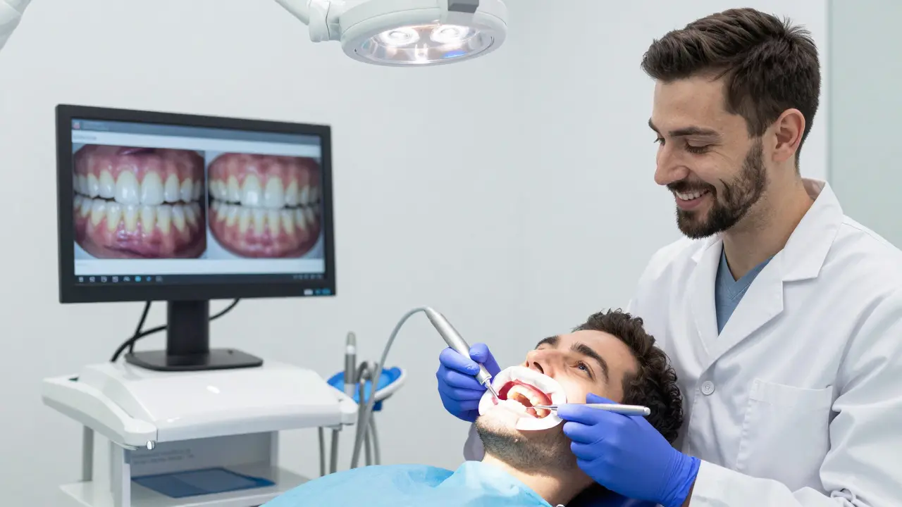 Zubní lékař aplikuje bělicí gelem na zuby pacienta s ochranným gelovým štítem na dásní.