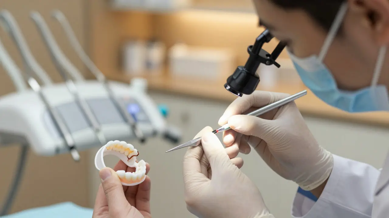 Zubní lékař používá lupu a barvu k detekci praskliny na zubu.