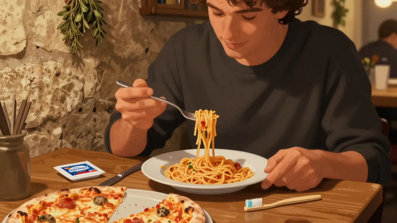 Cestovatel jí veřejně nařezanou pizzu v italské restauraci s ortodontickým voskem a měkkým kartáčkem na stole.