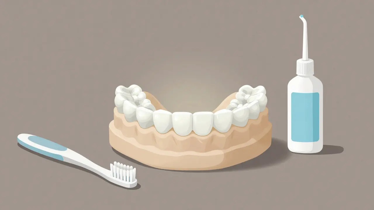 Čisté a znečištěné keramické rovnátka s nástroji pro péči v pozadí.
