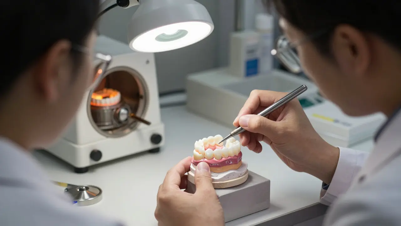 Dental technik v laboratoři vyrábí keramickou korunku s vrstvami porcelánu na zirkoniovém jádře.