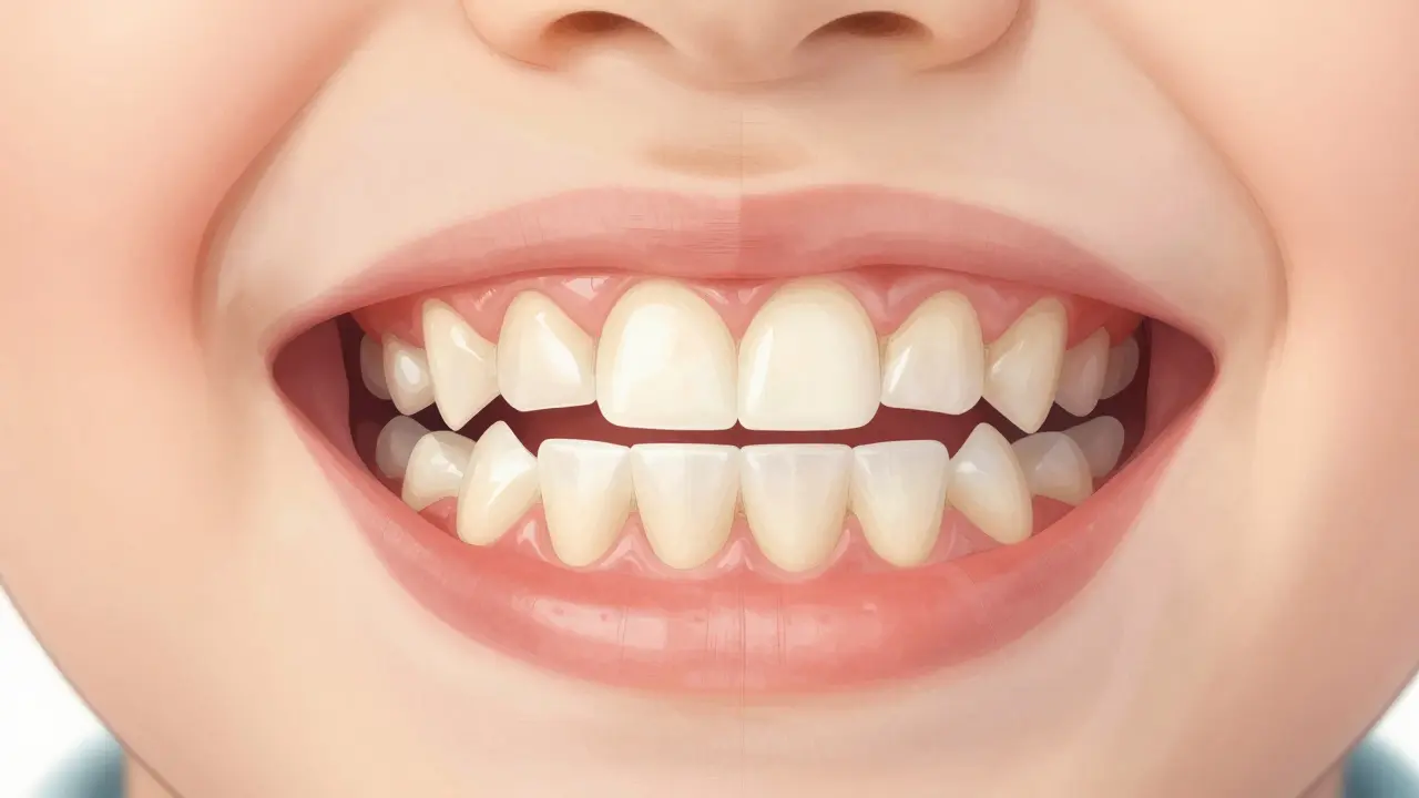 Dítě s vyvíjejícími se špičáky a mezerou mezi předními zuby.