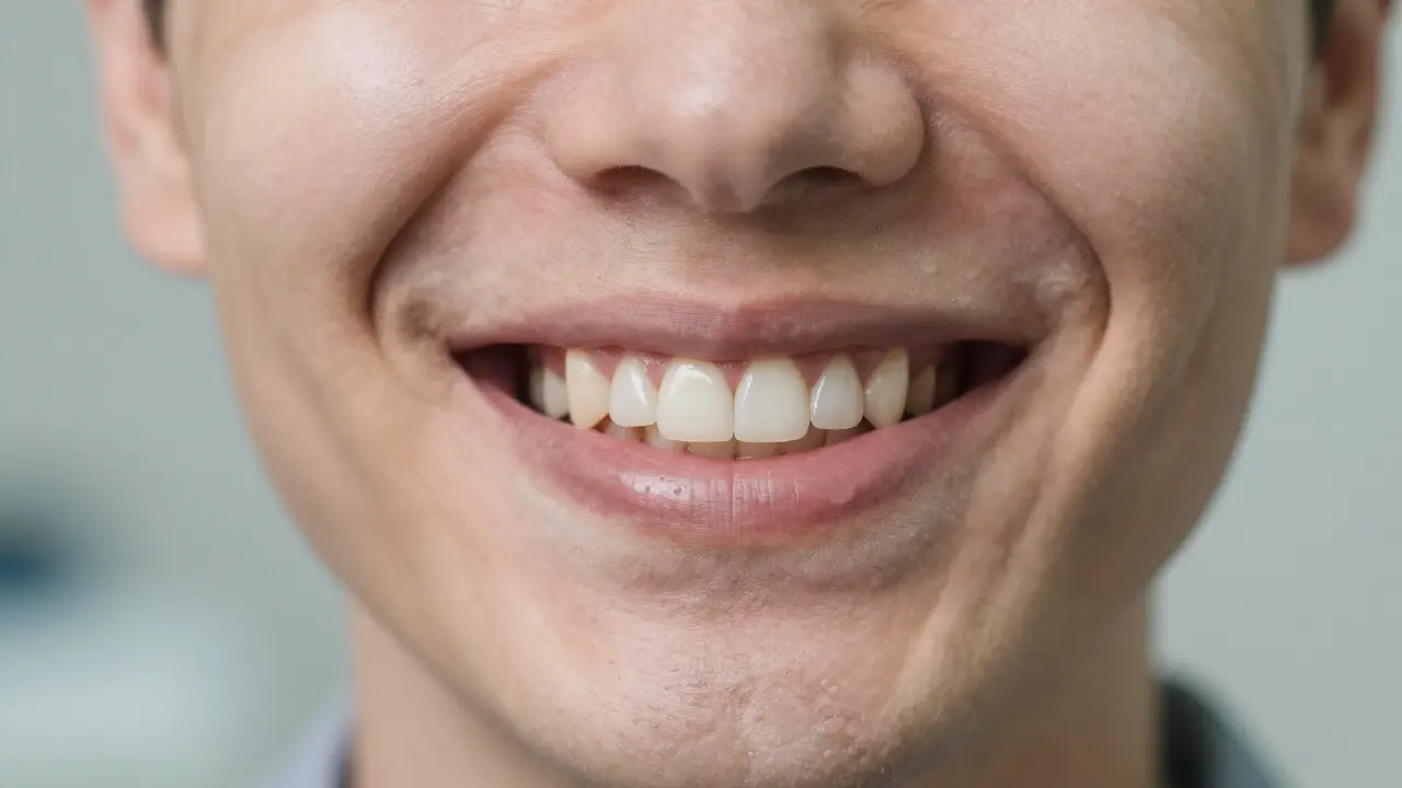 Dospělý muž se směje s důvěrou, s zdravými dásněmi a přirozeným úsměvem.