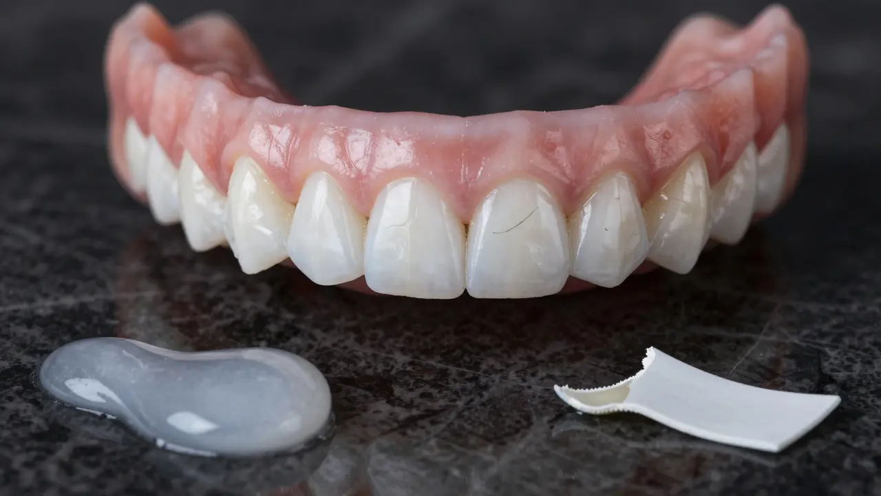 Dva zuby vedle sebe: jeden bílý a zdravý, druhý průhledný s mikrotrhlinami, na pozadí bělící gel a pás.