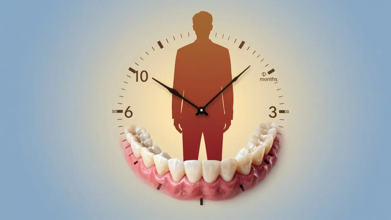 Hodiny v čelisti, jak se černý kámen mění na zdravé zuby.