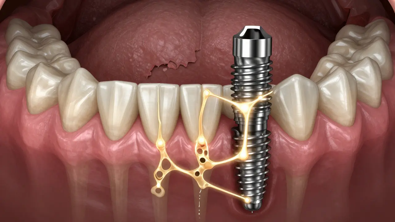 Ilustrace zubního implantátu integrujícího se do čelistní kosti s tepnami kostní regenerace.