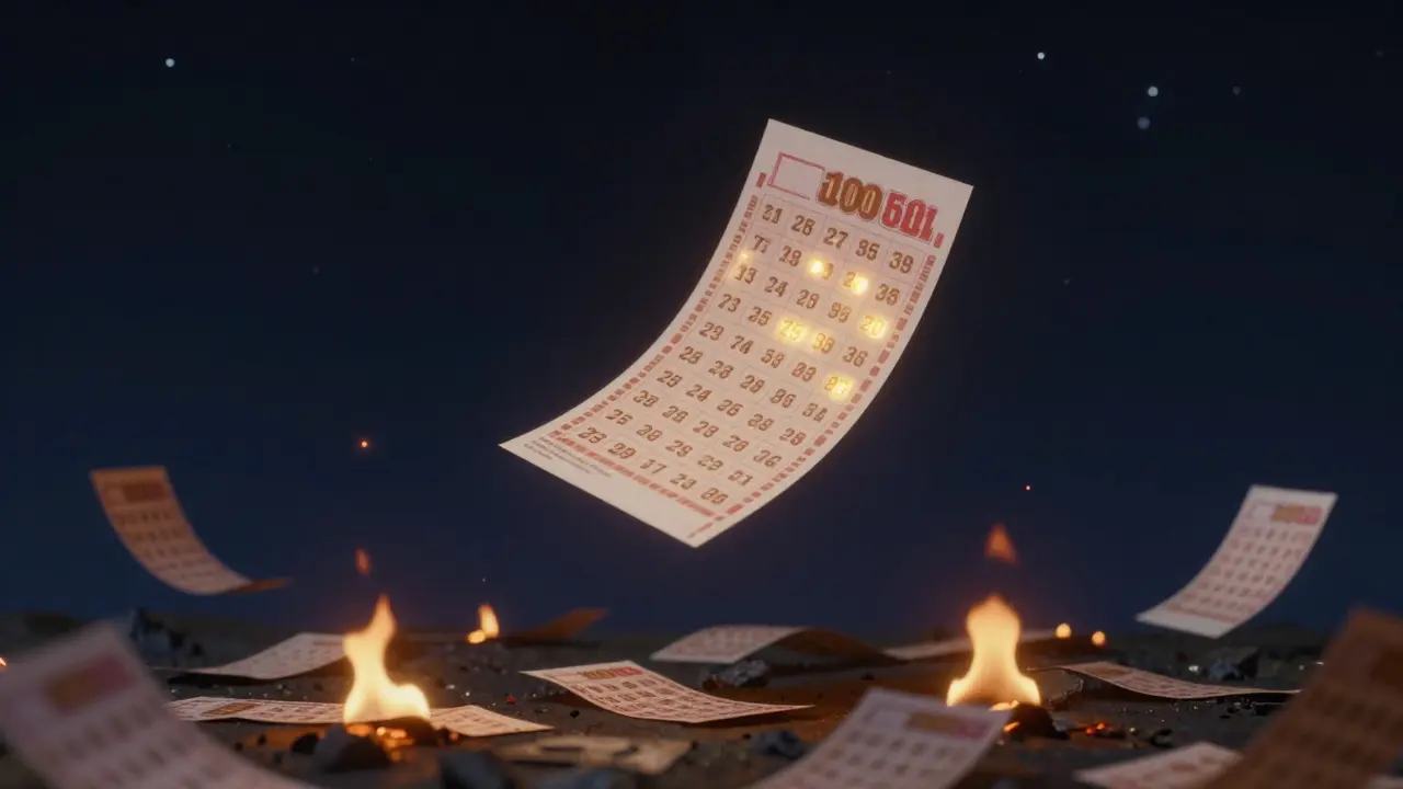 Jeden vyhrávající tiket plavoucí v nočním nebi, ostatní spalují.