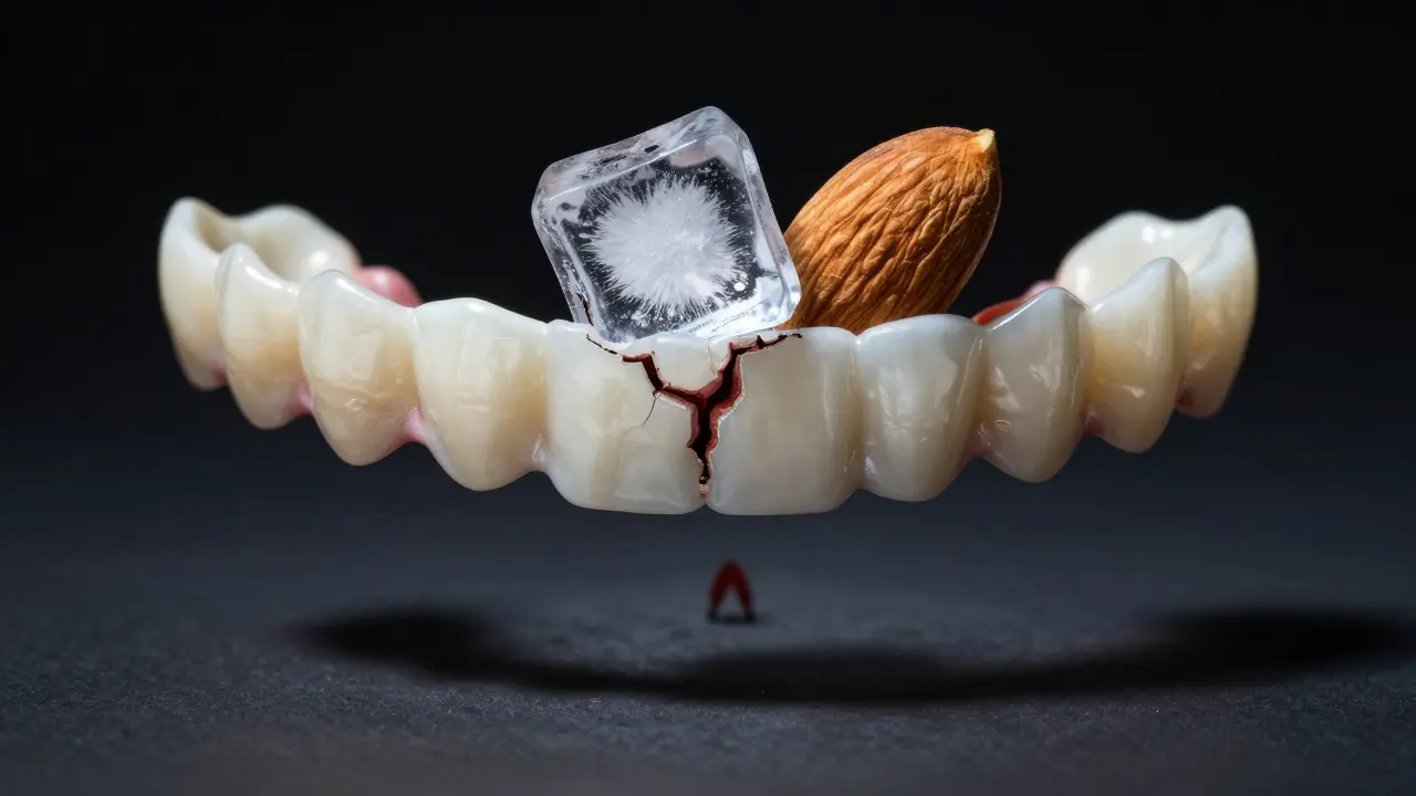 Keramická veneera se štěrbinou, pod ní se šíří kariés jako černá skvrna.