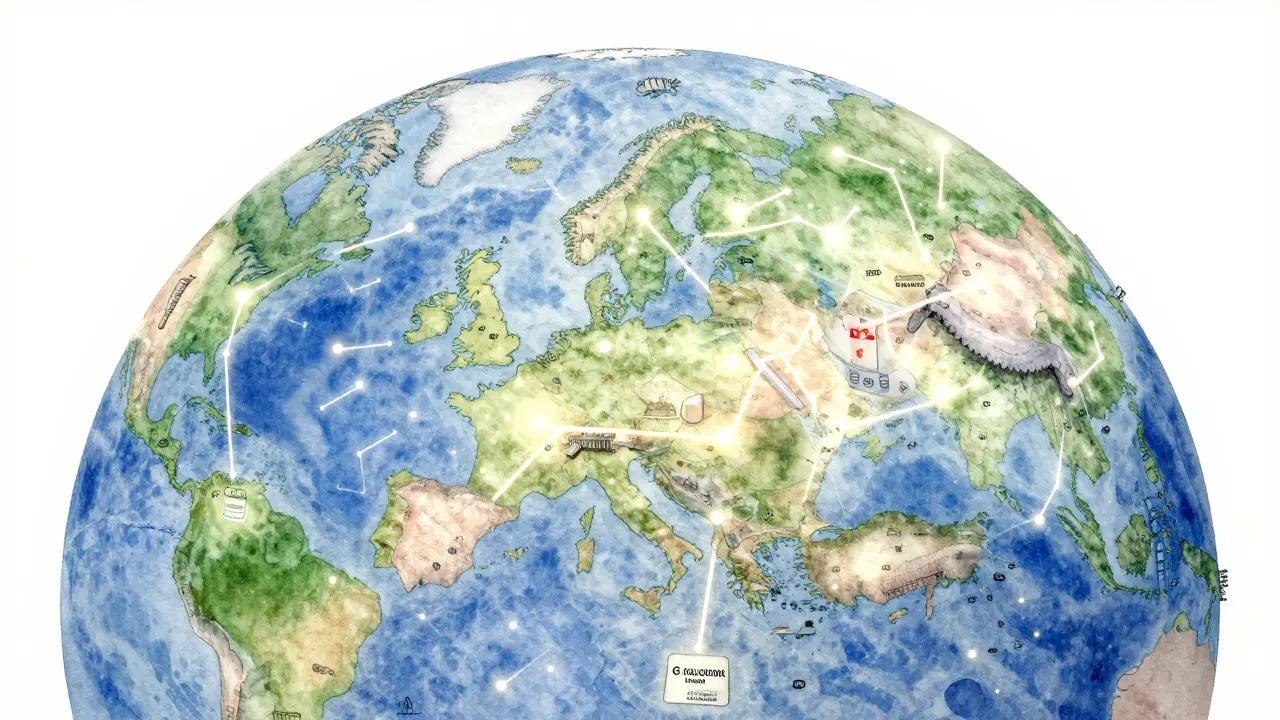 Koncepční mapa Evropy s cestovními cestami označenými ikonami rovnátek a péče o zuby, symbolizující volnost cestování.