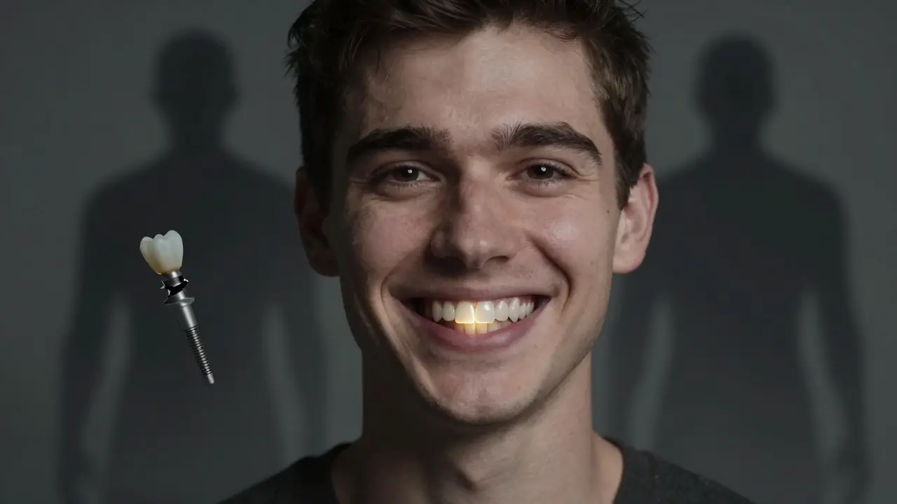 Mladý muž se širokým úsměvem, jehož zub s korunkou je zvýrazněn zlatým konturem.