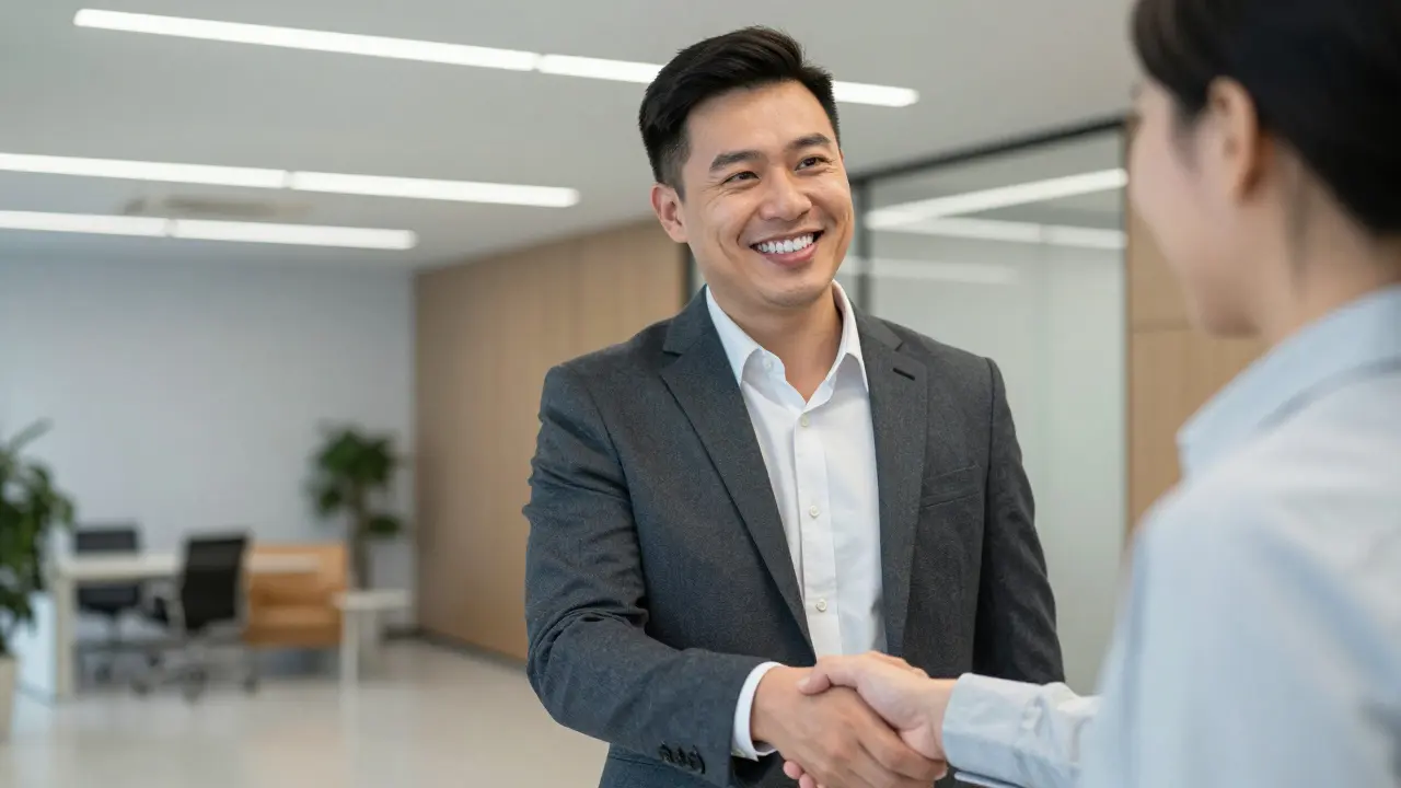 Muž v obleku se směje při podání ruky, jeho zuby vypadají přirozeně a bez kovu.