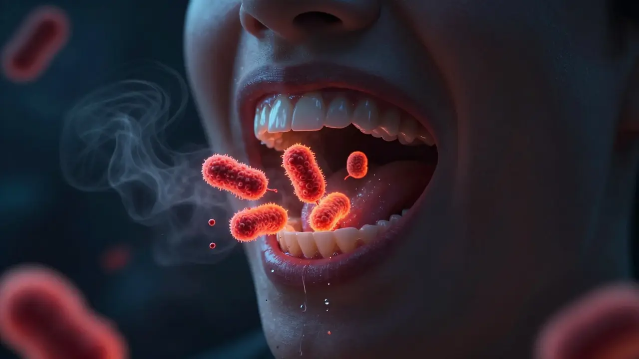 Noční scéna s rozmnožujícími se bakteriemi v ústech při sníženém slinném toku.