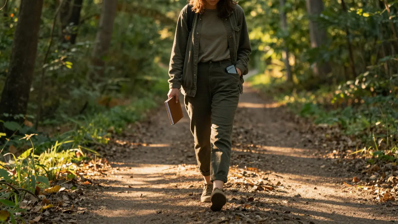 Osoba prochází lesní cestou při zlaté hodině, telefon v kapse, sluneční paprsky mezi stromy.