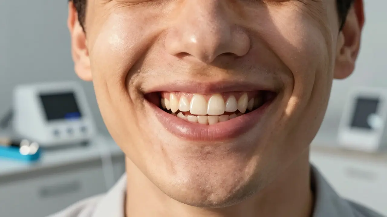 Osoba se smíchem, její přední zuby s neviditelnou kompozitní inlay.