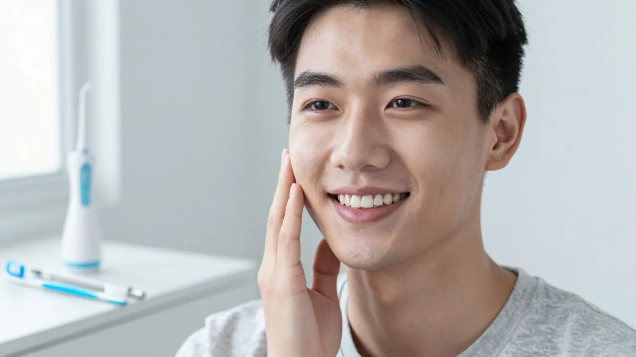 Pacient se usmívá s přirozeně vypadající zubní korunkou po úspěšné implantaci.