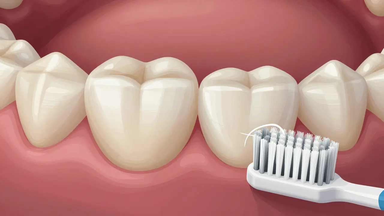 Porovnání zdravého zubu s plakem a čisté veneery s nití a kartáčkem.