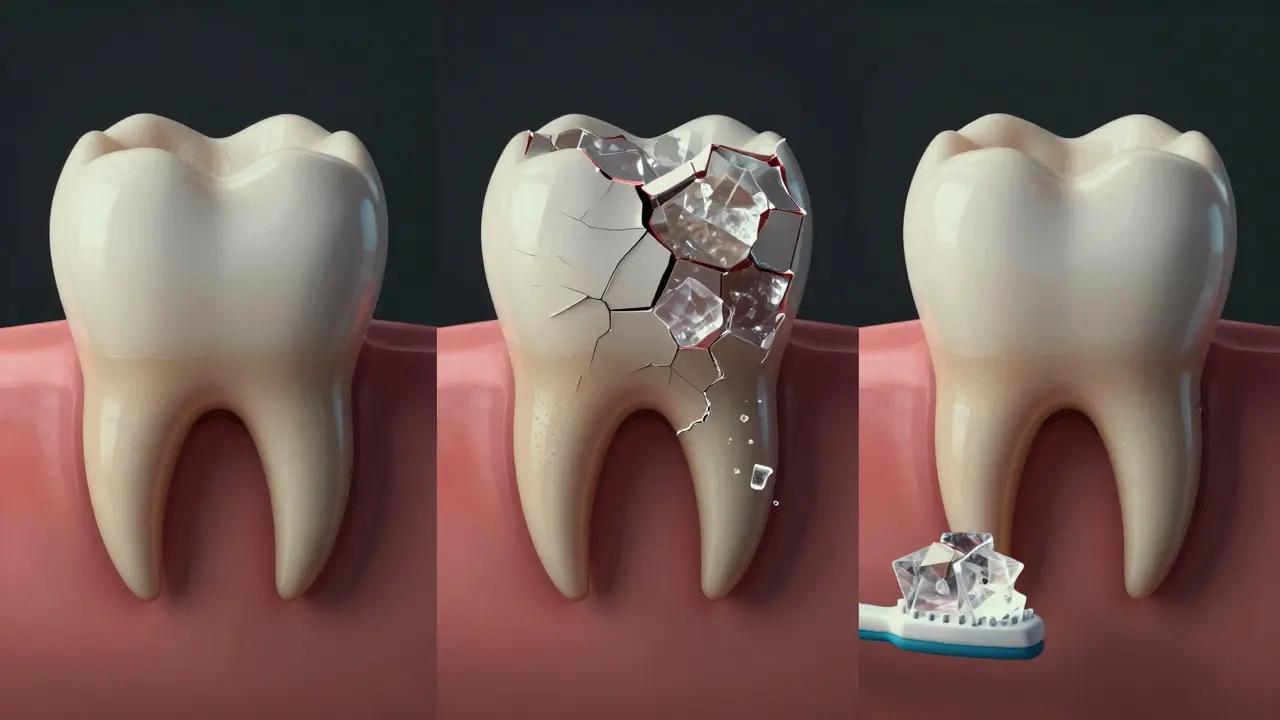 Postupné poškozování sklovinu zubu nezdravými návyky.