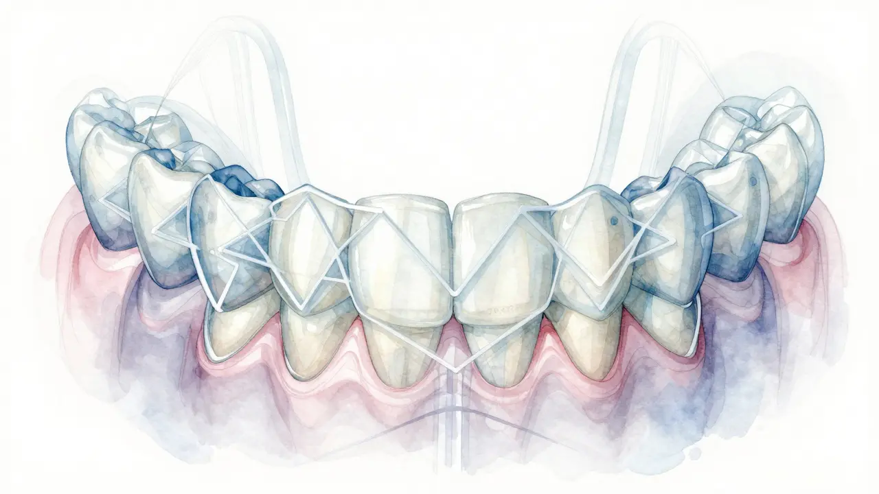Přehled horní a dolní čelisti s gumičkami tvořícími trojúhelníky a čtverce.