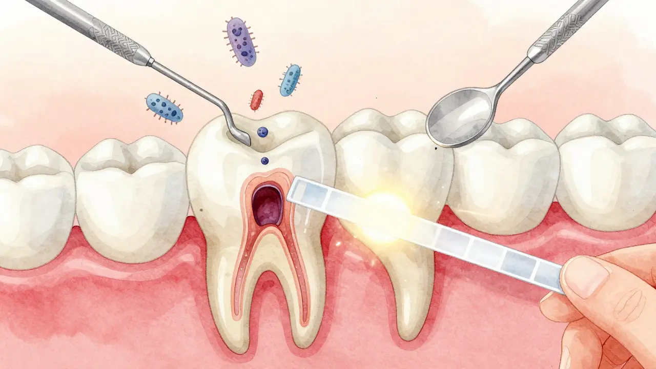 Přehledný průřez zubu s kazem se šířícími bakteriemi a ochrannou plombou.