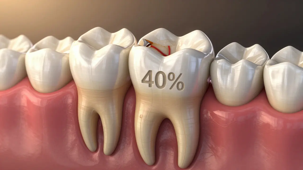 Příčný řez zubu s významnou ztrátou hmoty a celokeramickou korunkou jako ochranou.