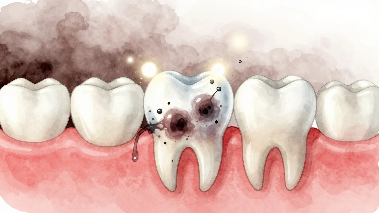 Průřez zubu ukazující, jak bělící látky rozkládají pigmenty uvnitř skloviny, vytvářejíce světlejší barvu.