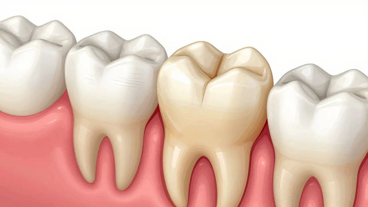 Průřez zubu ukazující přesně vyrobenou kompozitní inlay v rámci poškozené struktury.