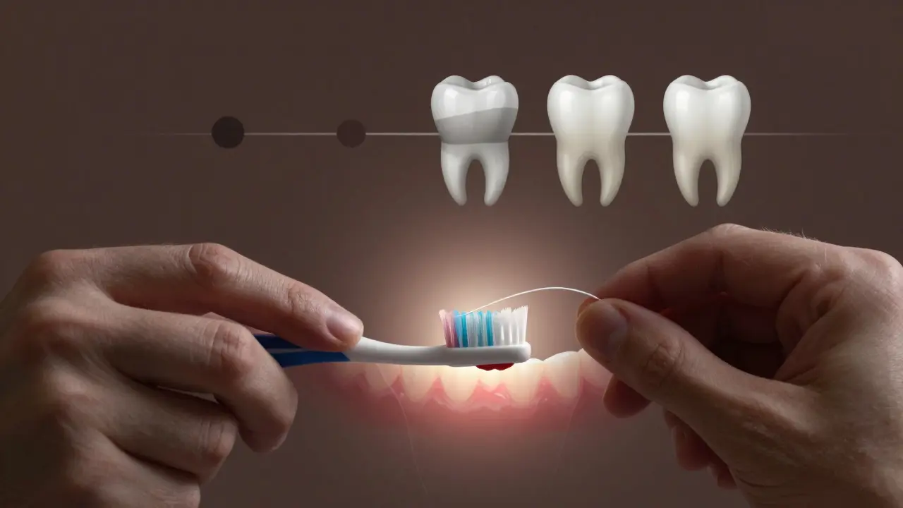 Ruce čistící mezizubní prostor nití, s viditelným rozpadem kazu.