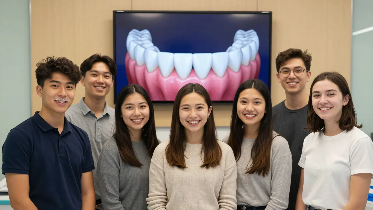 Skupina lidí se směje v ortodontické klinice s rovnátky nebo po dokončení léčby.