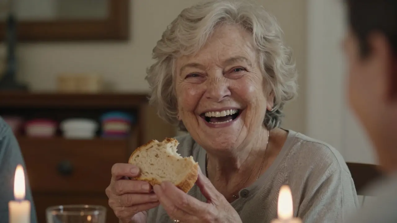 Starší žena se směje s rodinou při večeři, s přirozeným vzhledem úst a bez zubních protéz.