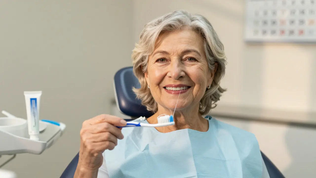 Starší žena se usmívá po návštěvě dentální hygieny, drží kartáček a nit.