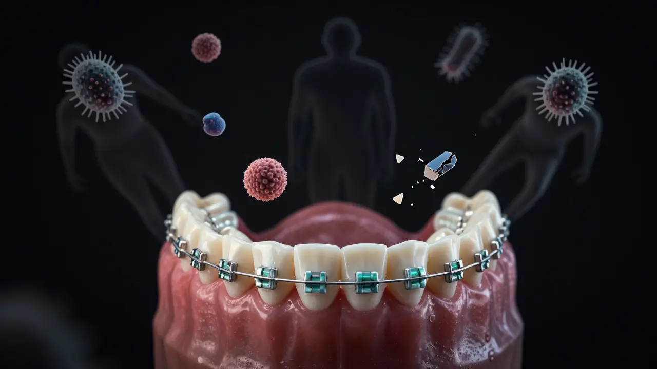 Světlý úsměv s keramickými rovnátky, zatímco špatná péče vypadá jako stín.
