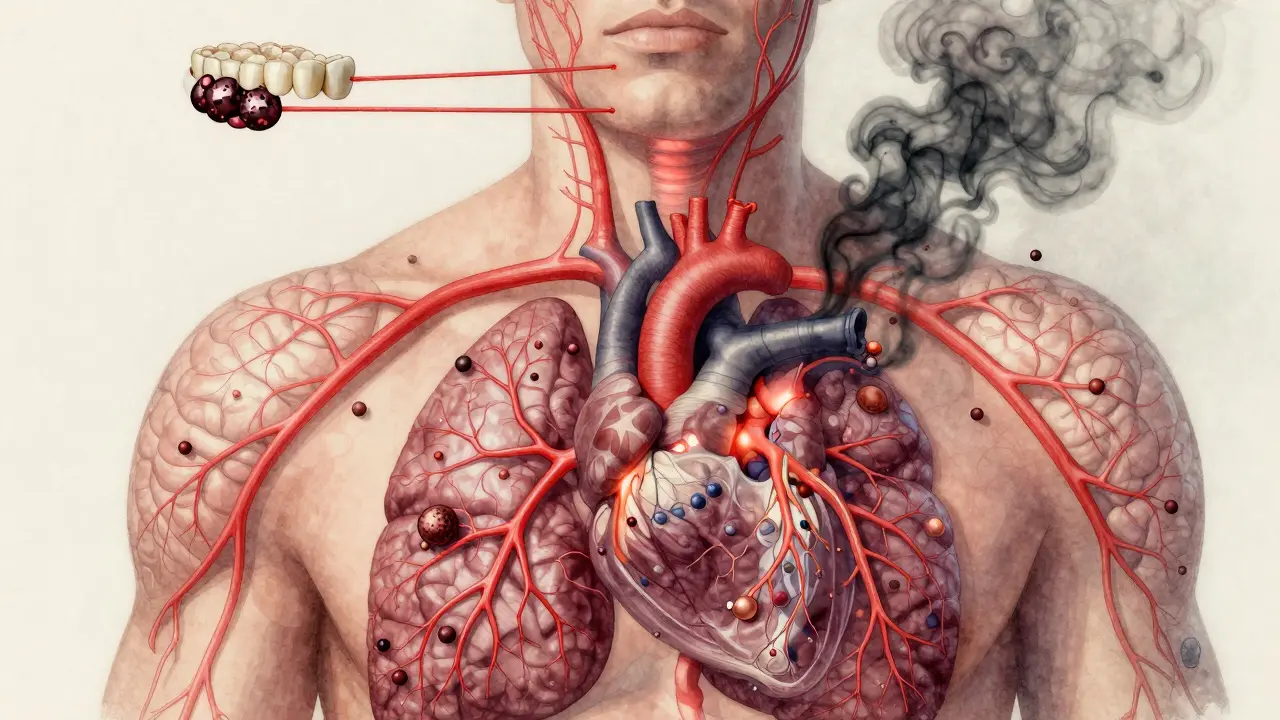 Tělo s červenými cestami zánětu od úst k srdci a mozku.