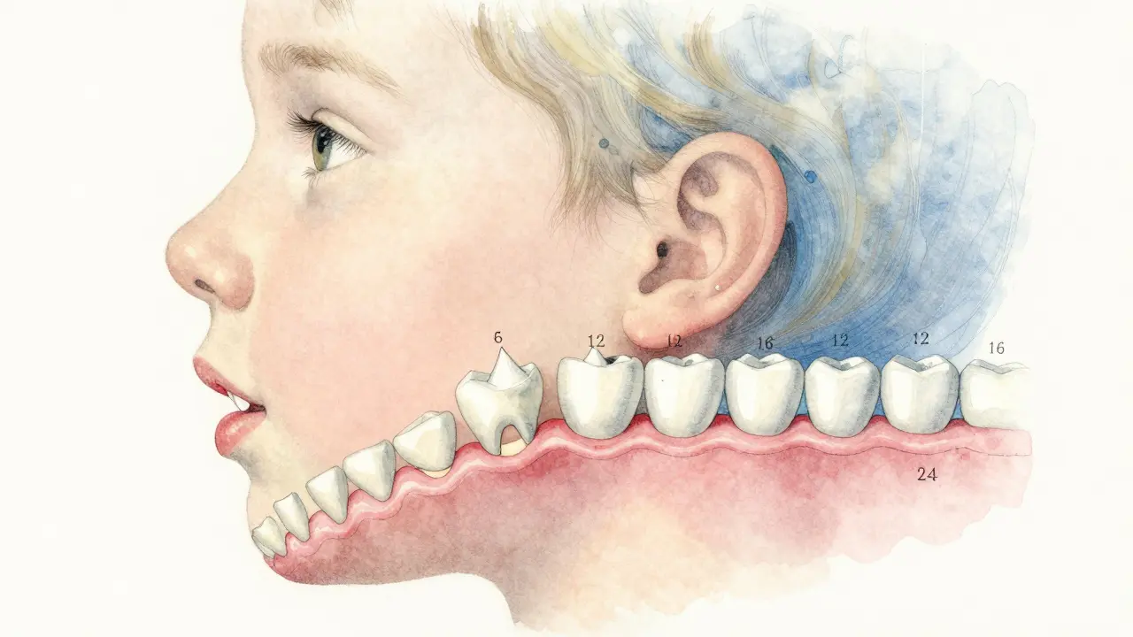 Vývoj mléčných zubů u dítěte: řezáky, špičáky a moláry v postupném výrůstku.