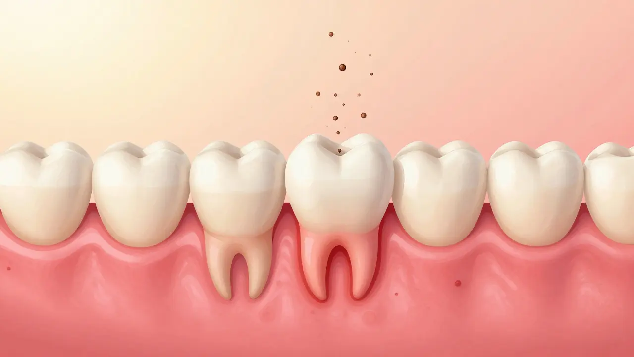 Zahojující dásně kolem zubu, kde zánět mizí a zůstává zdravá tkáň.