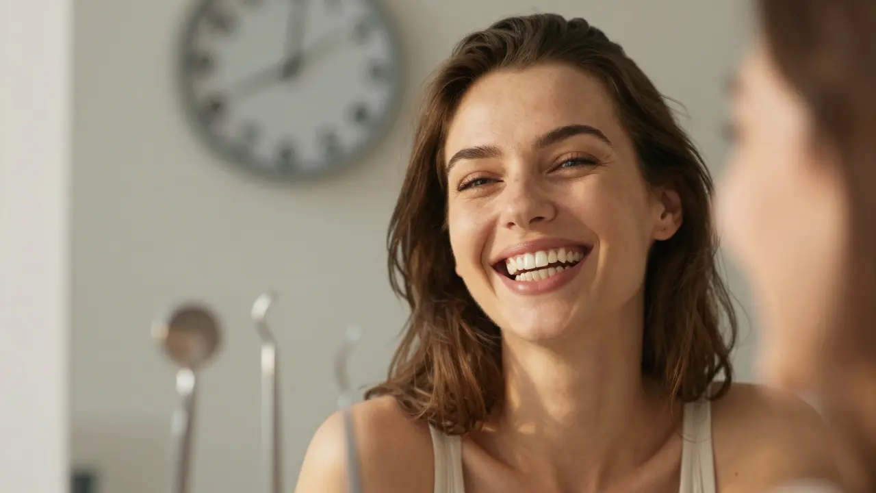 Žena se směje do zrcadla, její úsměv je jasný a sebevědomý.