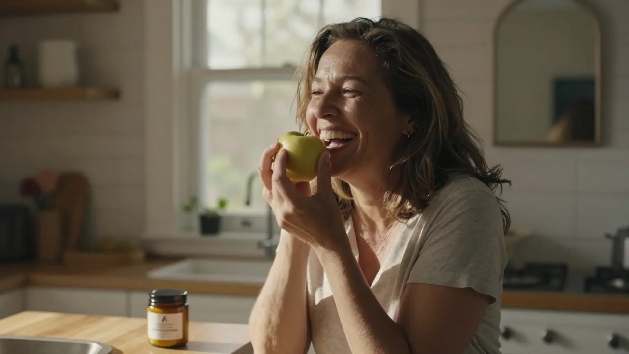 Žena v kuchyni se směje, když jí ovoce, její keramické fazety vypadají jako skutečné zuby.