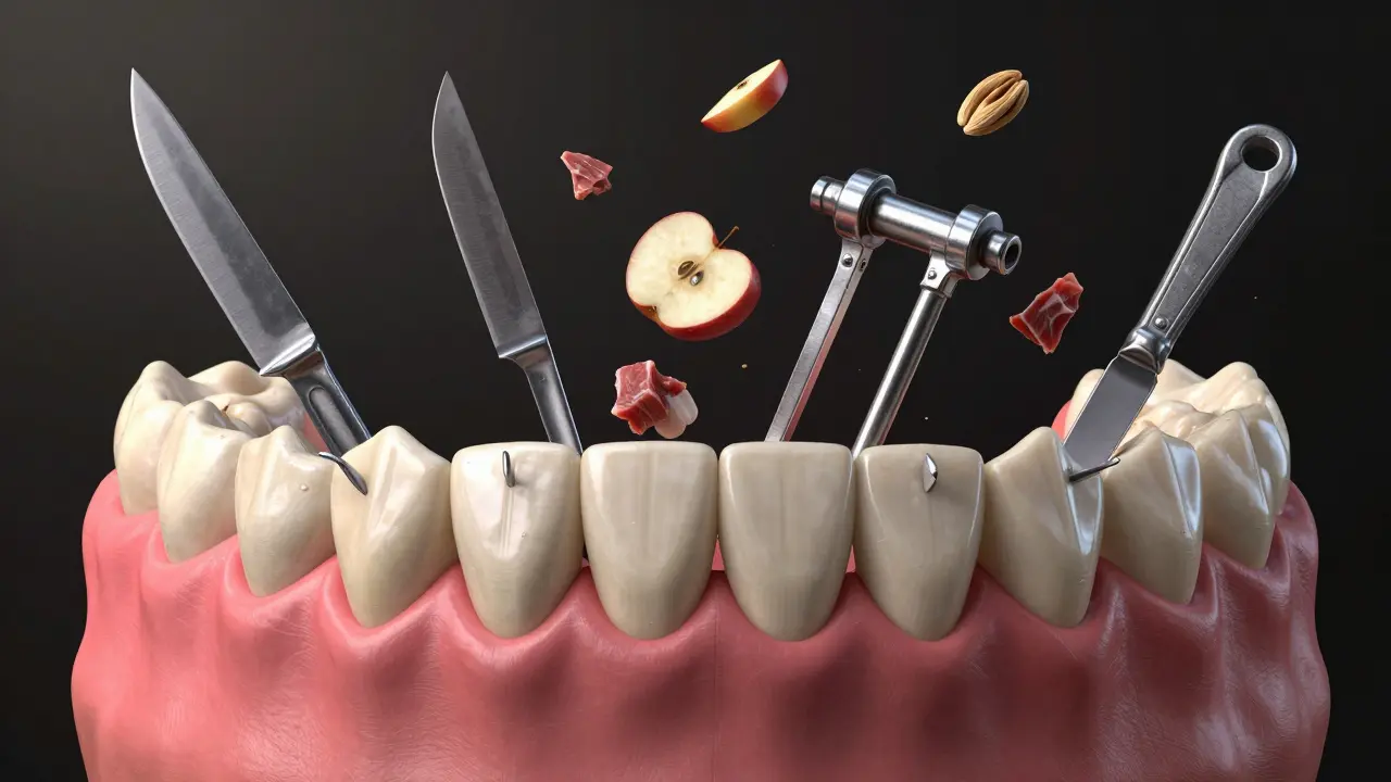 Zuby jako nástroje: řezáky jako nože, špičáky jako špice, moláry jako mlýnky.