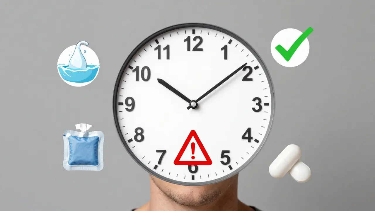 Časová osa ukazující normální a varovné období bolesti po korunce.