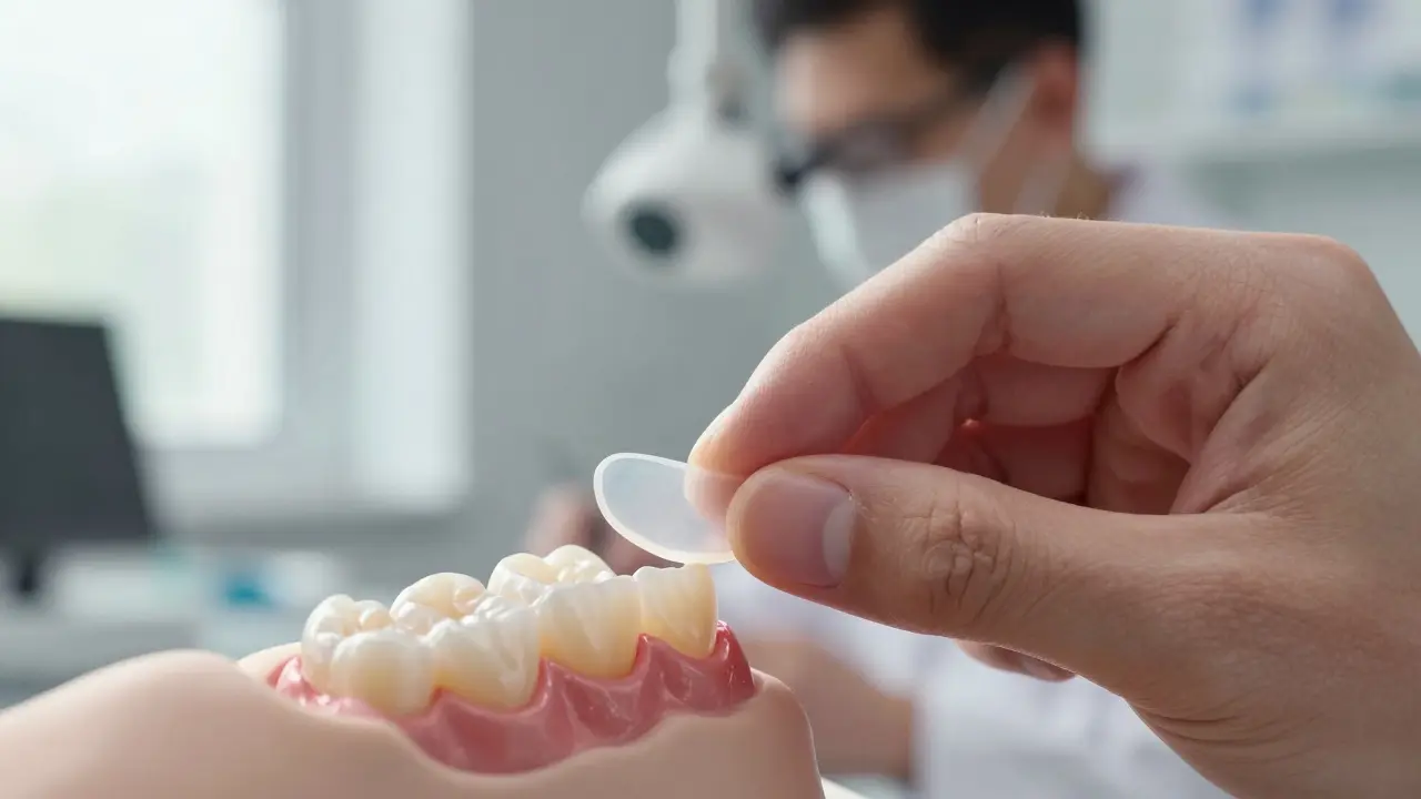 Close-up of a ceramic veneer being placed on a tooth with natural light highlighting its translucency.