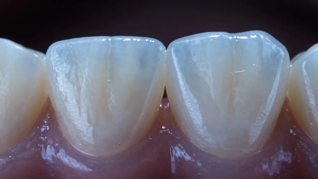 Close-up of a natural tooth next to a bonded ceramic veneer showing seamless integration.
